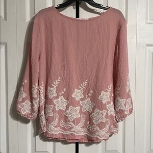 Ana & Rose pink floral embroidered blouse top shirt size LARGE